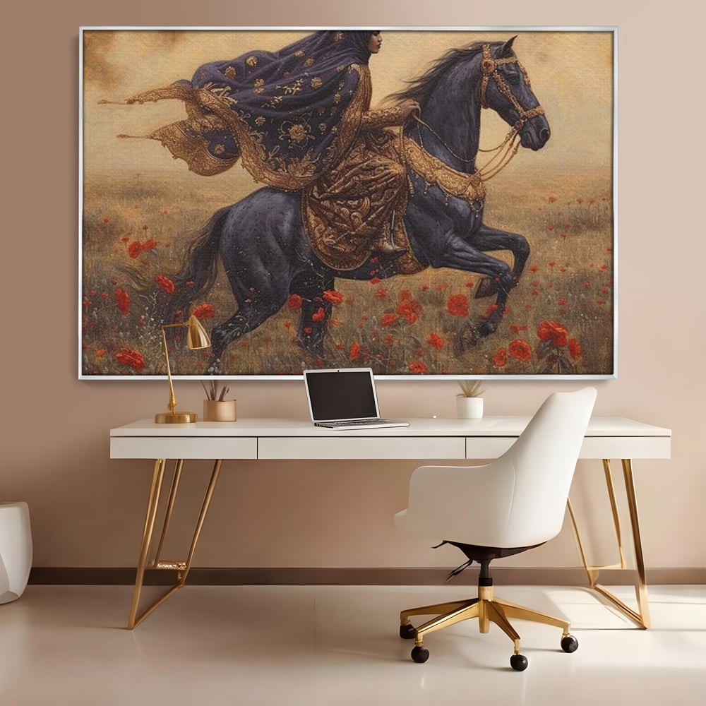 Tablou canvas cu printesa pe armasar negru in camp de maci, in rama de aluminiu argintiu, pe perete intr-un birou